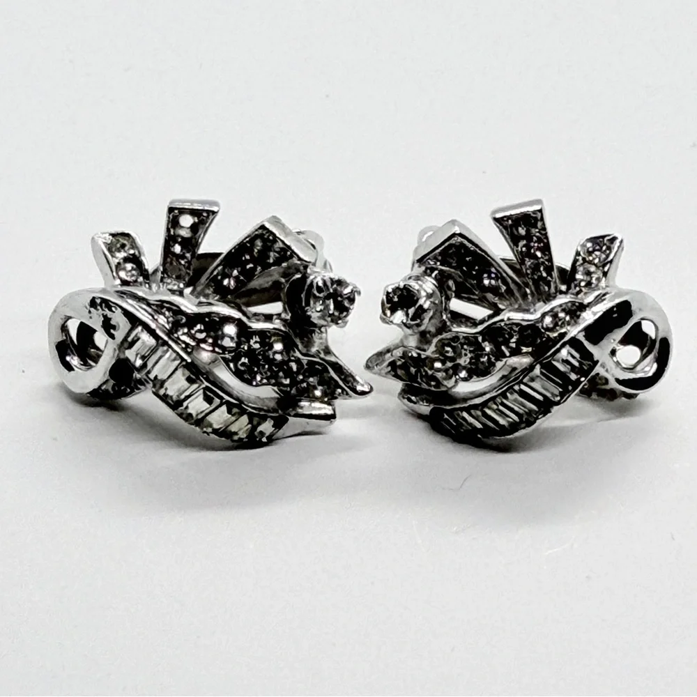 WEISS Pat. 2583 Silver Tone Art Deco‎ Clear Rhinestones Clip on Earrings Vintage